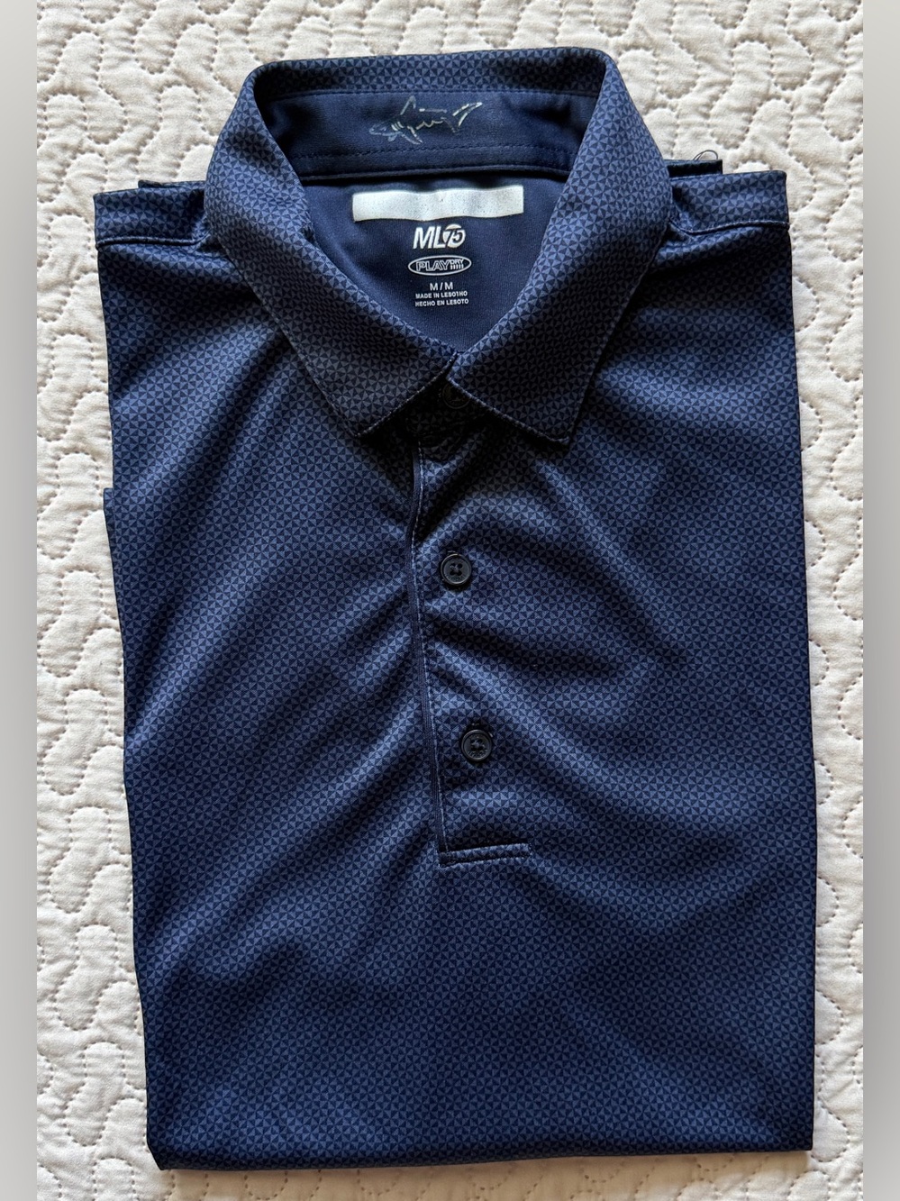 Greg Norman ML75 Play Dry Men’s Medium Navy Geometric Performance Golf Polo